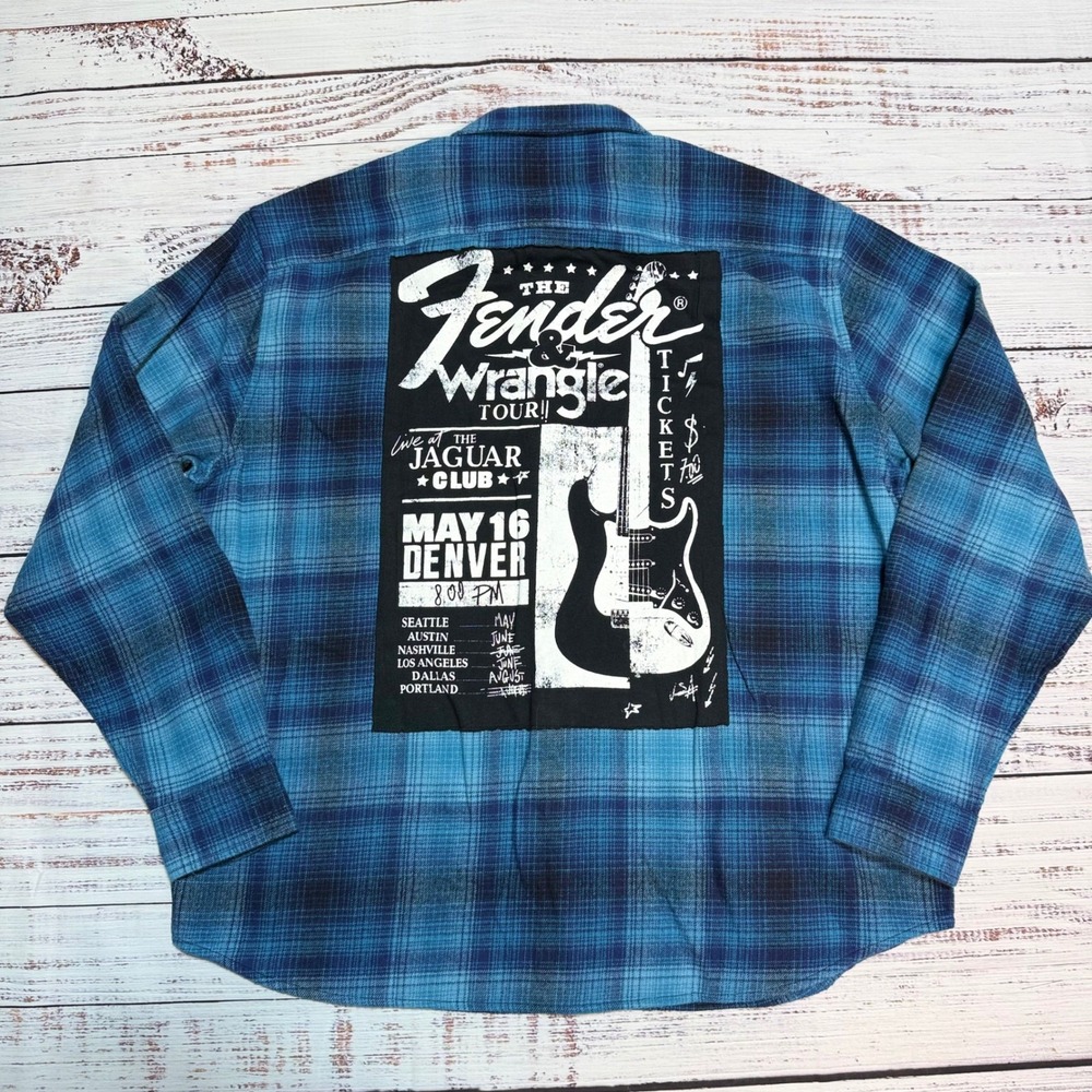 Wrangler Fender Flannel Shirt L Tour Graphic Blue Plaid Cotton Long Sleeve